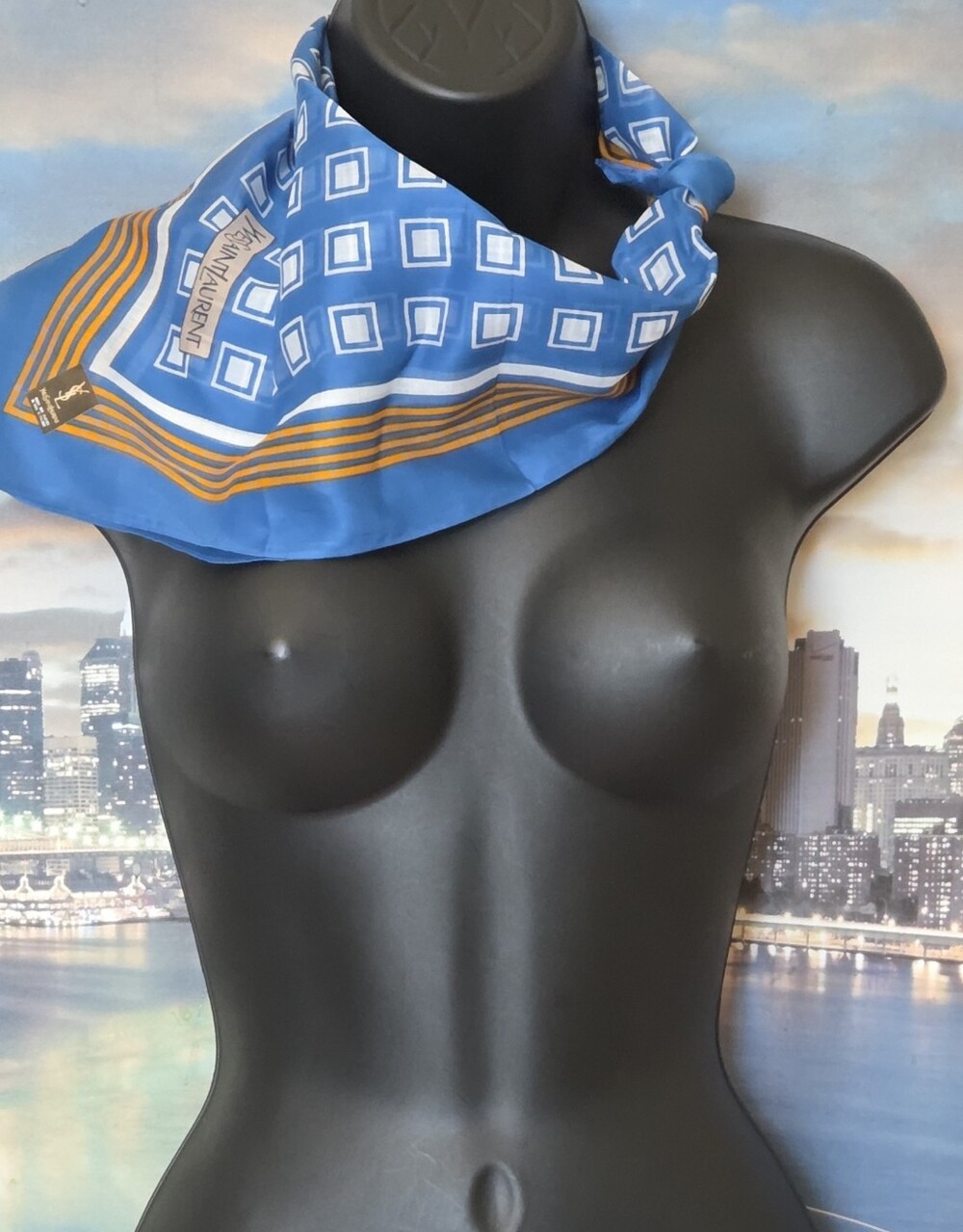 Yves Saint Laurent Blue and White Geometric Scarf with Gold Accents - Picture 12 of 12